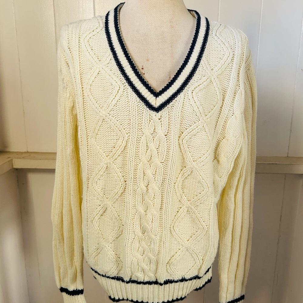 Cream Cable-Knit V-Neck Sweater with Navy Trim